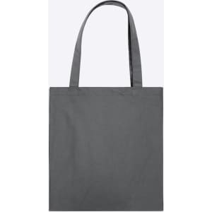 A grey tote bag with two handles and a simple design, featuring a logo.