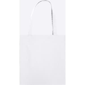 A white tote bag with long handles and a simple design. The bag features a logo on one side.
