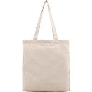 A reusable grocery bag in a natural beige colour with two shoulder straps and a simple design.