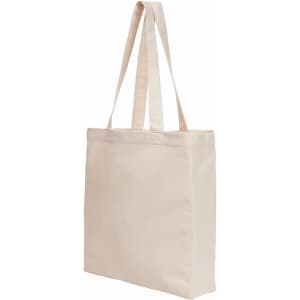A beige reusable grocery bag with long handles and a sturdy design, featuring a logo on one side.