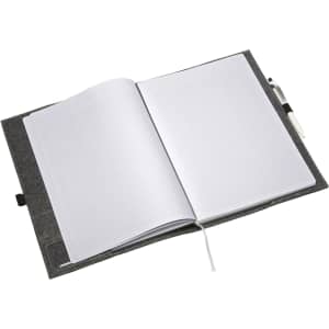 A grey felt compendium featuring an open blank notebook and a pen. It has a textured finish and a ribbon marker.