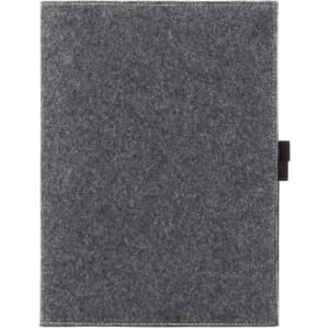 A grey felt cover with a simple design, featuring a clasp and incorporating a logo.