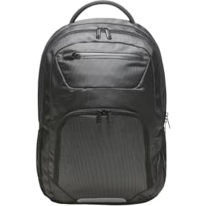 A black premium notebook backpack with multiple compartments and a sturdy handle. Features a logo on the front.