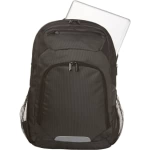 A black laptop backpack featuring a sleek design and a mesh side pocket, designed to carry a laptop securely.