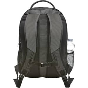A black premium notebook backpack with adjustable straps and a side pocket for a drink bottle.