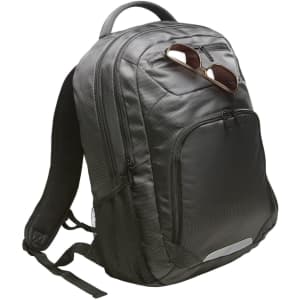 A black premium notebook backpack featuring a front pocket and sunglasses resting on top. It has a logo on the side.