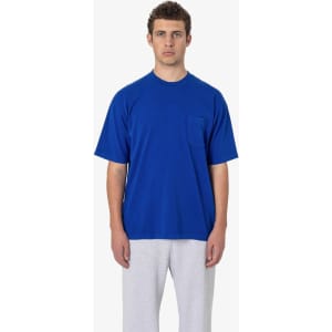A blue short sleeve garment-dyed pocket tee with a relaxed fit and a front pocket.