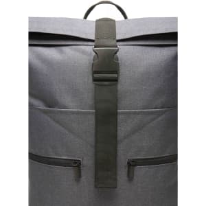 A grey laptop backpack featuring adjustable straps, zippered pockets, and a buckle closure. It has a logo on the front.