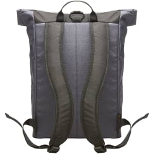 A grey Fashion Notebook Backpack with padded straps and a handle on top, featuring a logo.