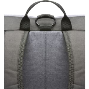 A grey laptop backpack with padded straps and a top handle, featuring a circular ring attachment and stitching details.