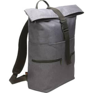 A grey fashion notebook backpack with a roll-top design, featuring adjustable straps and front zip pockets.