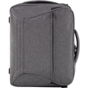 A grey bag with a structured design, featuring zippers and a carry handle, and includes a logo.