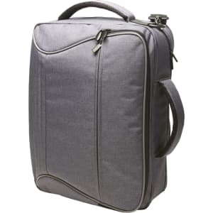 A grey promotional bag with a sturdy handle, featuring a zip closure and a logo on the side.