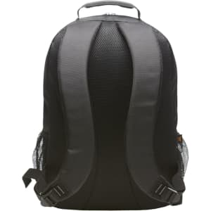 A black backpack with a textured back, featuring padded shoulder straps and mesh side pockets.