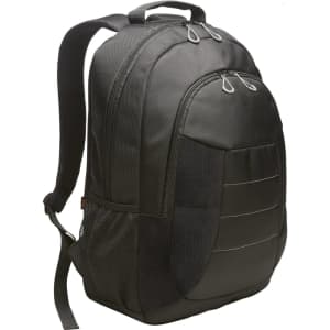 A black laptop backpack featuring multiple compartments, padded straps, and a mesh side pocket. It has a logo on it.