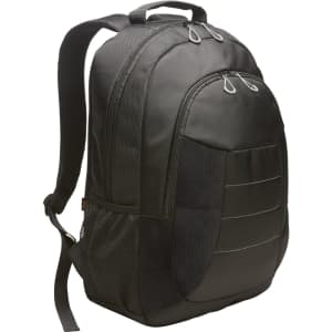 A black laptop backpack with a sleek design, featuring multiple compartments and a mesh side pocket.