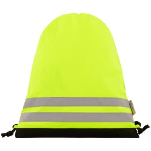 A bright yellow drawstring bag with reflective stripes and a black bottom, featuring a drawstring closure.