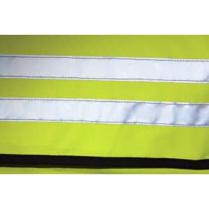 A bright yellow shoulder bag with reflective white stripes and black trim, featuring a logo.