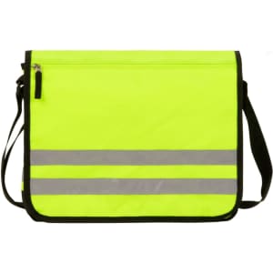 A bright yellow shoulder bag featuring reflective stripes and a zipper closure, with a black trim and adjustable strap.