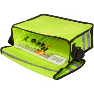 A bright green Reflex Shoulder Bag with reflective strips, featuring multiple compartments and tools inside.