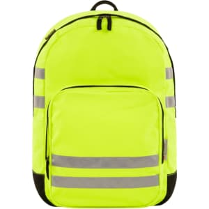 A bright yellow backpack featuring reflective stripes and a front pocket, with a logo on it.