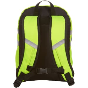A bright yellow and black backpack with reflective stripes and adjustable straps. It features a logo on the front.