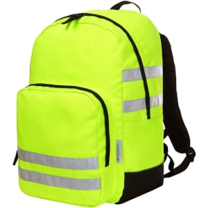 A bright yellow backpack with reflective stripes, featuring a main compartment and front pocket, and black straps.