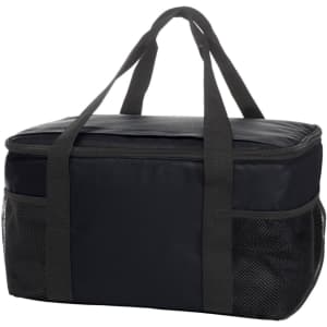 A black cooler bag with a zippered top, featuring two mesh side pockets and sturdy handles.