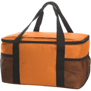 An orange cooler bag with black straps and mesh sides, featuring a zippered top and ample storage space.