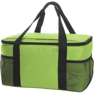 A bright green cooler bag with black straps and mesh pockets on the sides, featuring a branding logo.