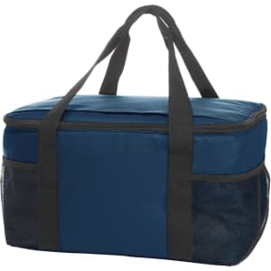 A navy cooler bag with black accents features mesh side pockets and two sturdy handles. It includes a logo.