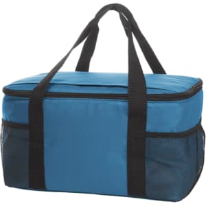 A blue cooler bag with black mesh pockets and handles, featuring a zippered top for storage.