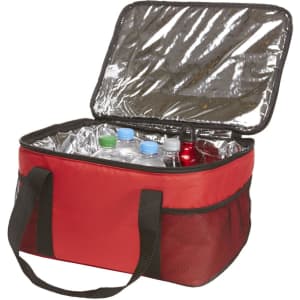 A red cooler bag with a reflective interior, containing multiple drink bottles and a few cans. It has a mesh side pocket and a logo.
