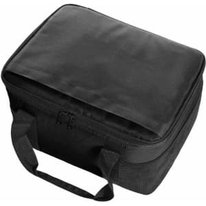 A black cooler bag with a zippered closure and sturdy handles, featuring a simple design and no visible branding.