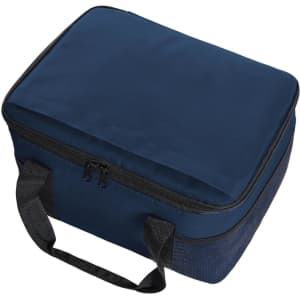 A navy blue cooler bag with a zippered top and sturdy black handles. It features a simple, unbranded design.