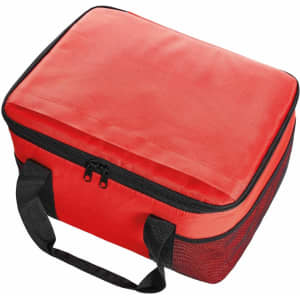 A red cooler bag with a black zip and handle, featuring mesh sides for ventilation. It has a plain design.