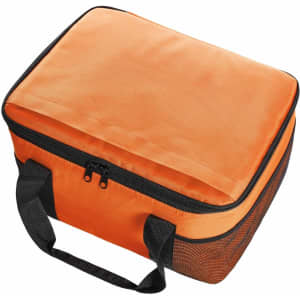 An orange cooler bag with a zip closure and black handles, featuring a mesh side panel.