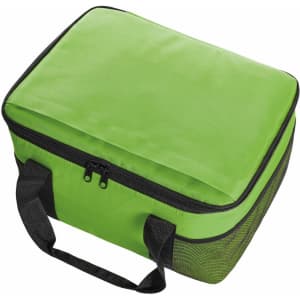 A green cooler bag with a black mesh bottom, featuring a zip closure and carry handles.