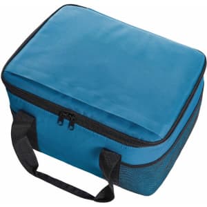 A blue cooler bag with a zippered top and black handles, featuring a textured base and a logo.