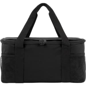 A black cooler bag with a zippered top and mesh side pockets, featuring two sturdy handles and a logo.