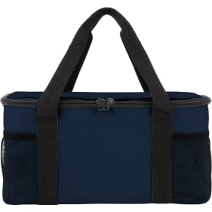 A navy cooler bag with dark grey handles and mesh side pockets, featuring a zip closure and branding.