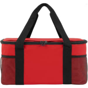 A red cooler bag with black handles and mesh side pockets, featuring a zip closure and a sturdy design.