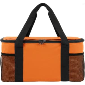 An orange cooler bag with black straps and mesh side pockets, featuring a zip closure and a logo.