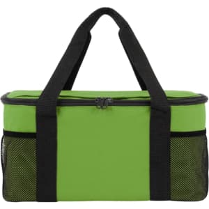 A green cooler bag with black straps and mesh side pockets, featuring a zip closure and a branding logo.