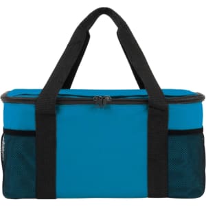 A blue cooler bag with a zippered top and black handles, featuring mesh side pockets. It includes logo branding.
