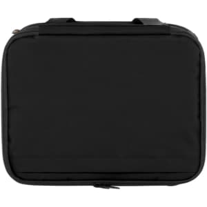 A black cooler bag with a zip closure and two handles, featuring a plain design and a logo.