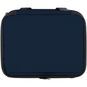 A navy blue cooler bag with dual handles and a zippered closure. It features branding on the exterior.
