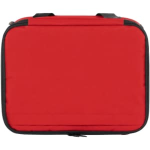 A red cooler bag with a black trim and double handles, featuring a clean surface and a zippered opening.