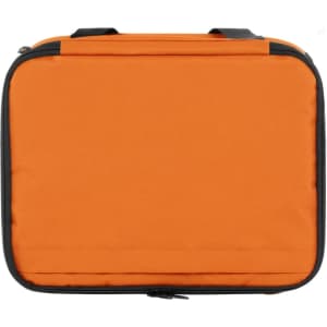 An orange cooler bag with a zip closure and two handles, featuring a simple design.