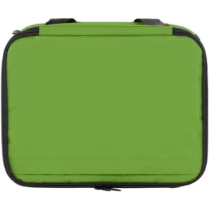 A green cooler bag with a zippered closure and carry handles, featuring a logo.